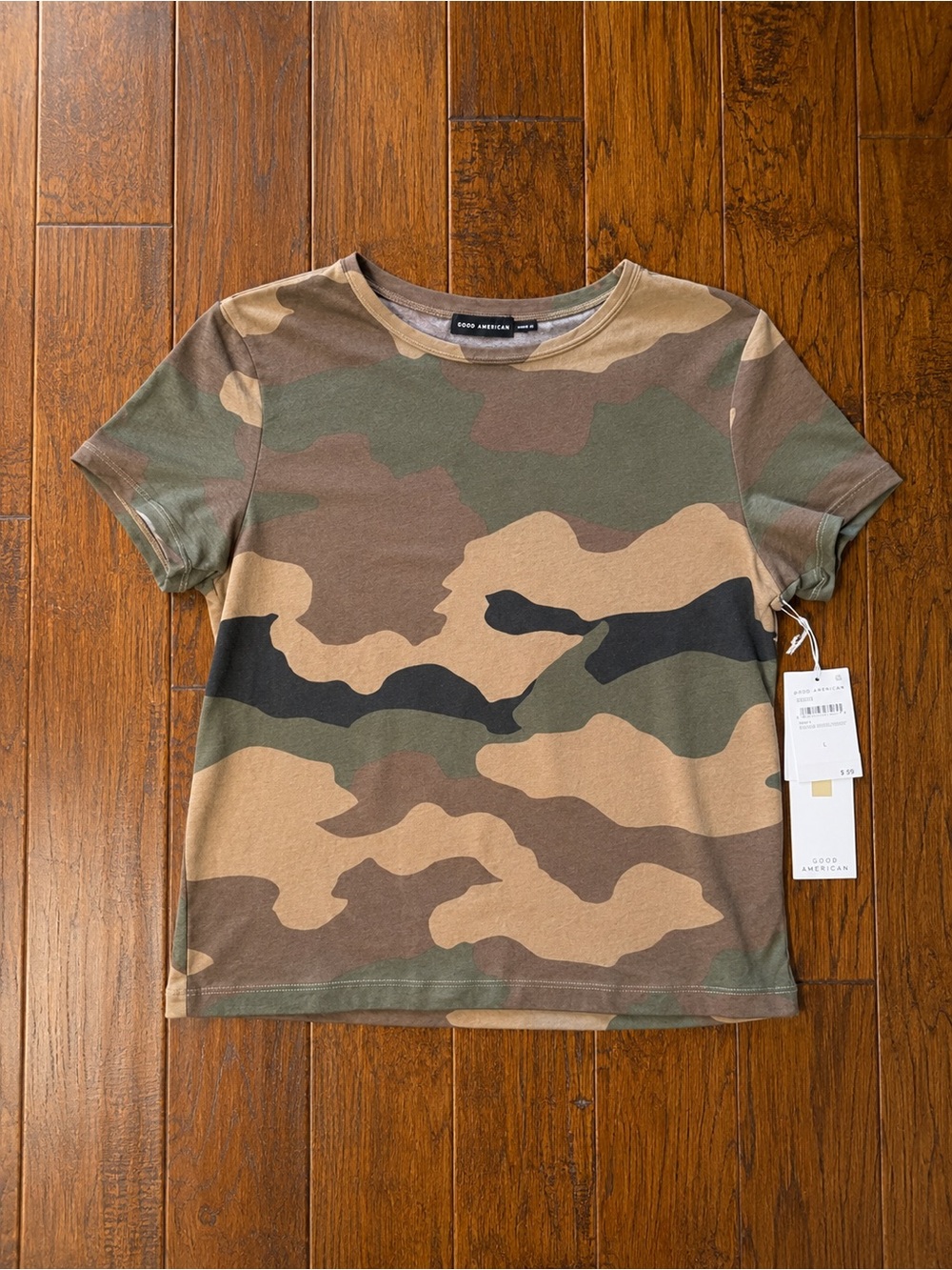 Good American Women’s Camouflage Short Sleeve Tee Sz L NWT